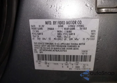 2007 Ford Edge Sel Plus from USA, damaged, VIN 2FMDK49C47BA33703